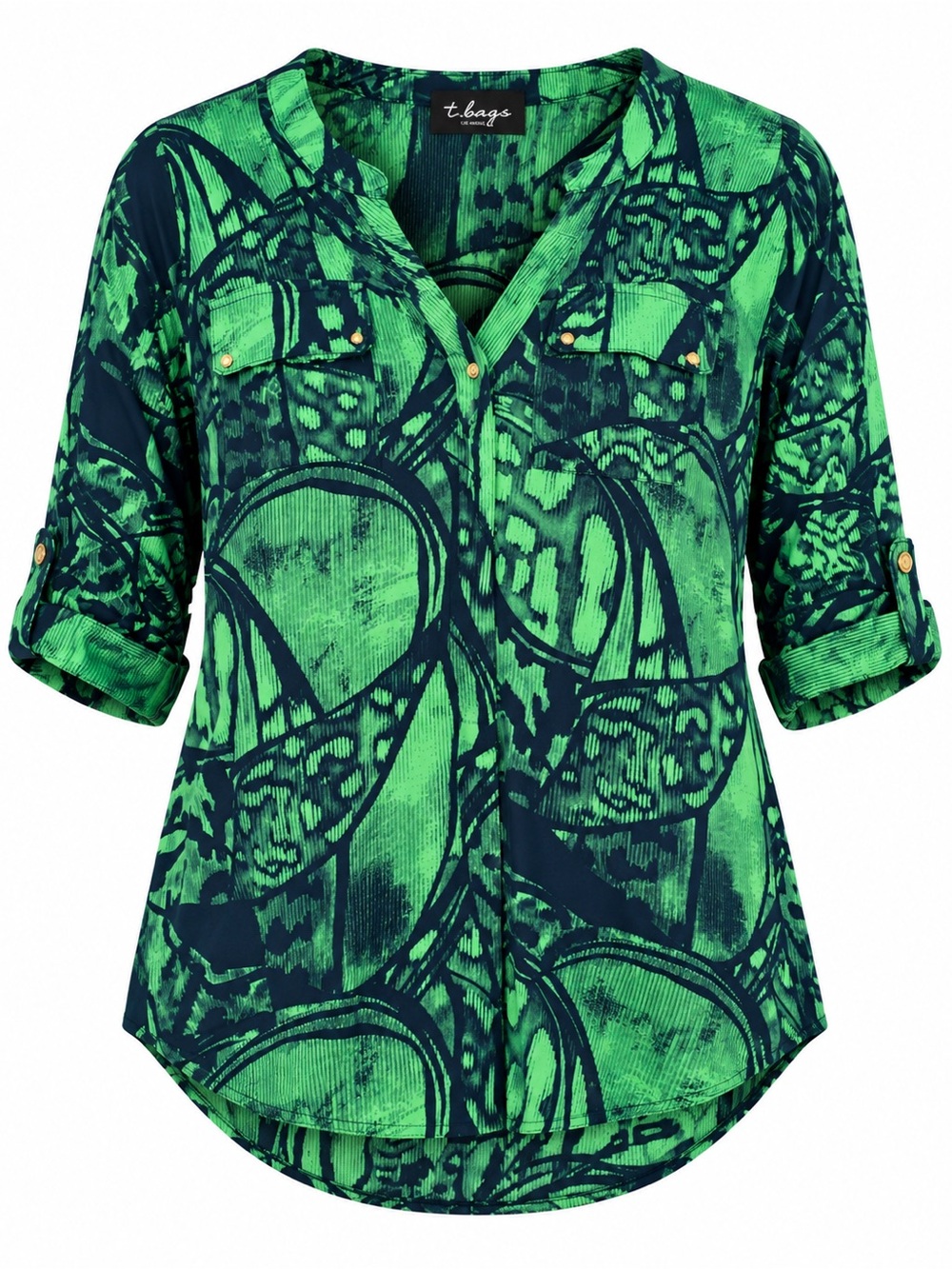 T-Bags Los Angeles Green Black Abstract Print Tunic Top 3/4 Sleeve Approx 2X